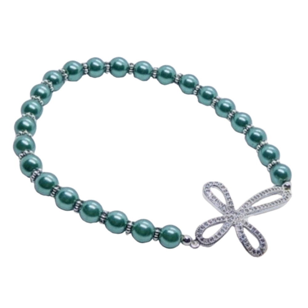 Teal Faux Pearl Stretch Bracelet with CZ Cross Accent NWOT